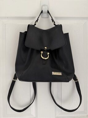 Tahari Black Pebbled Faux Leather Flap-Top Backpack Gold Horse Shoe Hardware